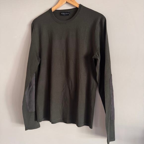 Ralph Lauren Black Label Dark Olive Green Sweater Leather Elbow Patches Large - Picture 3 of 7
